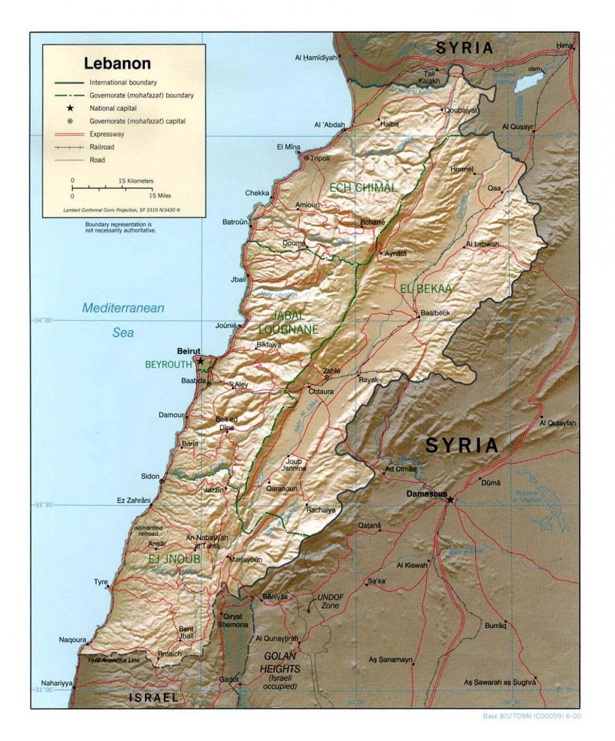 harta e Libanit topografike